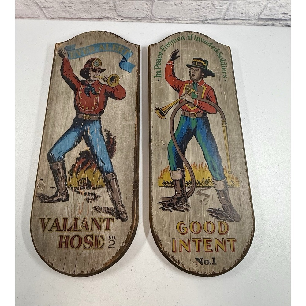 Vintage Wooden Fireman Sign Yorkraft Inc Firefighter 2 signs 23"X9"